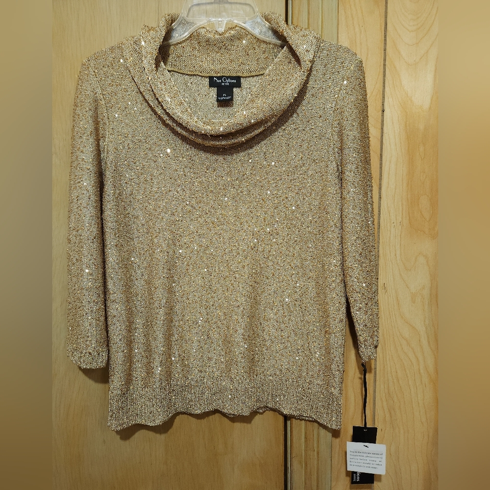 NWT Nue Options Women's Size PL Sweater Gold Squins 3/4" Sleeves Cowl Neck Top